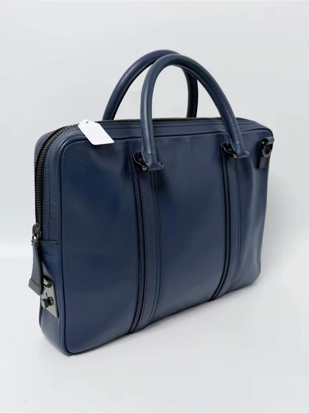 Burberry Navy Leather Laptop Briefcase with Black Detachable Strap